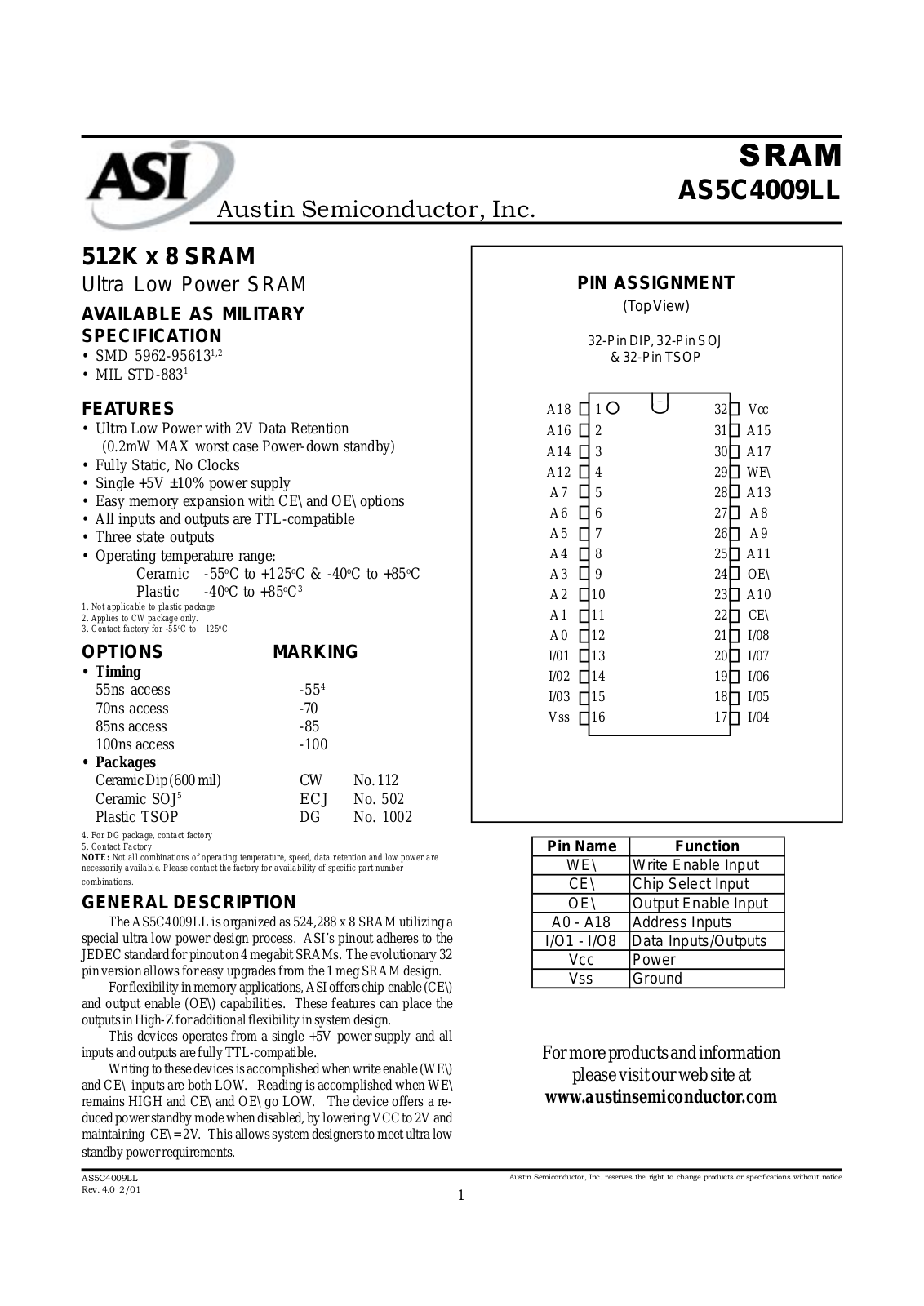 AUSTN AS5C4009LLDG-70-883C, AS5C4009LLDG-55-XT, AS5C4009LLDG-55-IT, AS5C4009LLDG-55-883C, AS5C4009LLDG-100-XT Datasheet