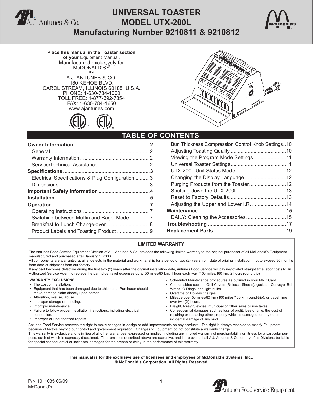 Antunes UTX-200L Installation Manual