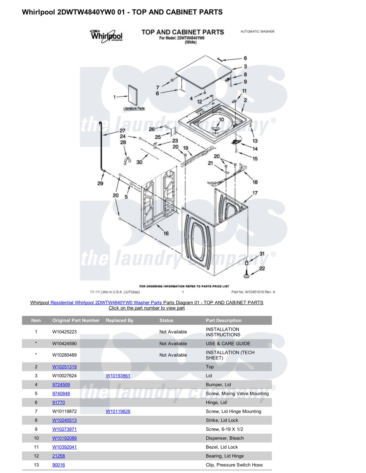 Whirlpool 2DWTW4840YW0 Parts Diagram