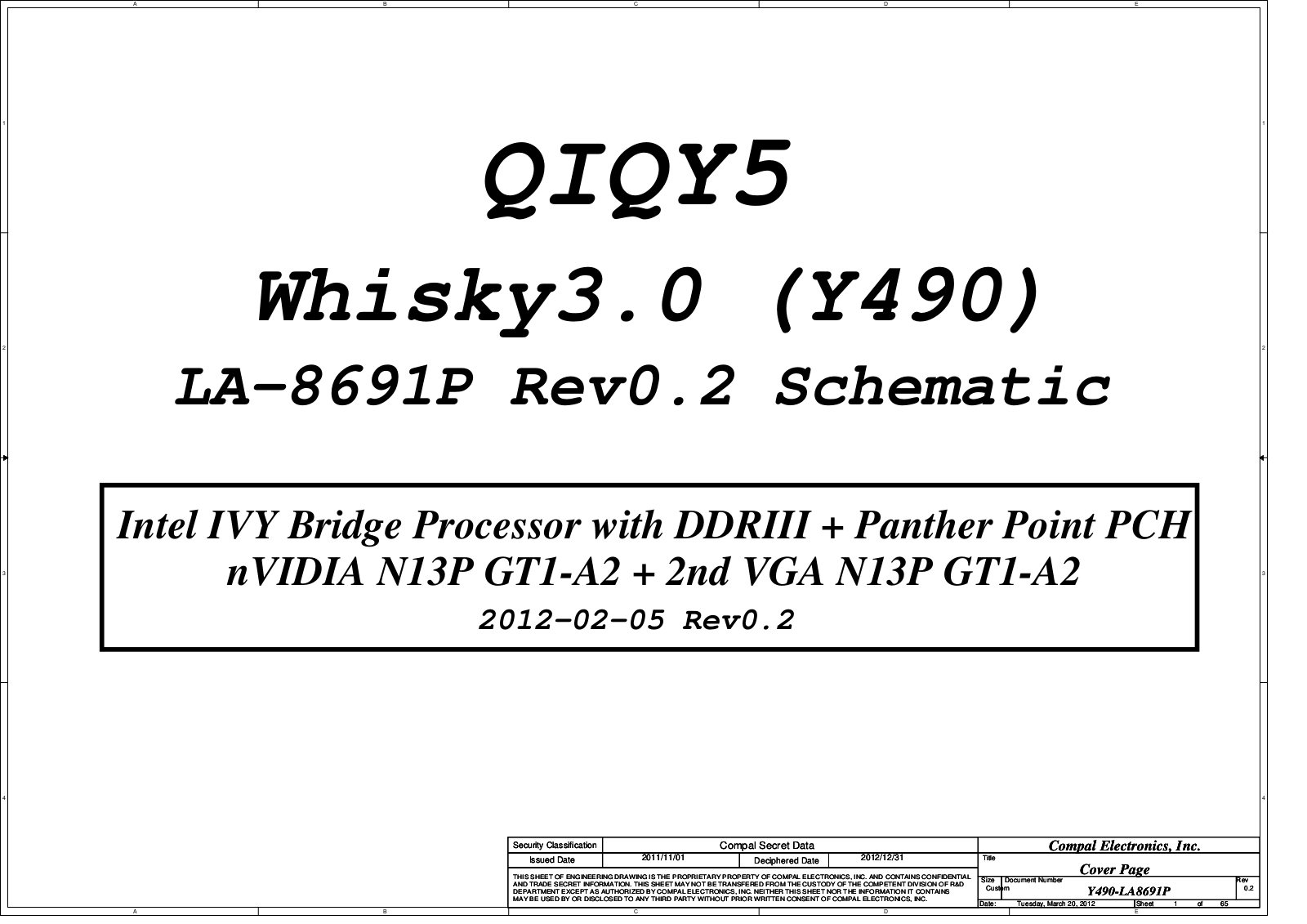 Compal LA-8691P QIQY5 Whisky3.0, IdeaPad Y400, IdeaPad Y500, IdeaPad Y490 Schematic