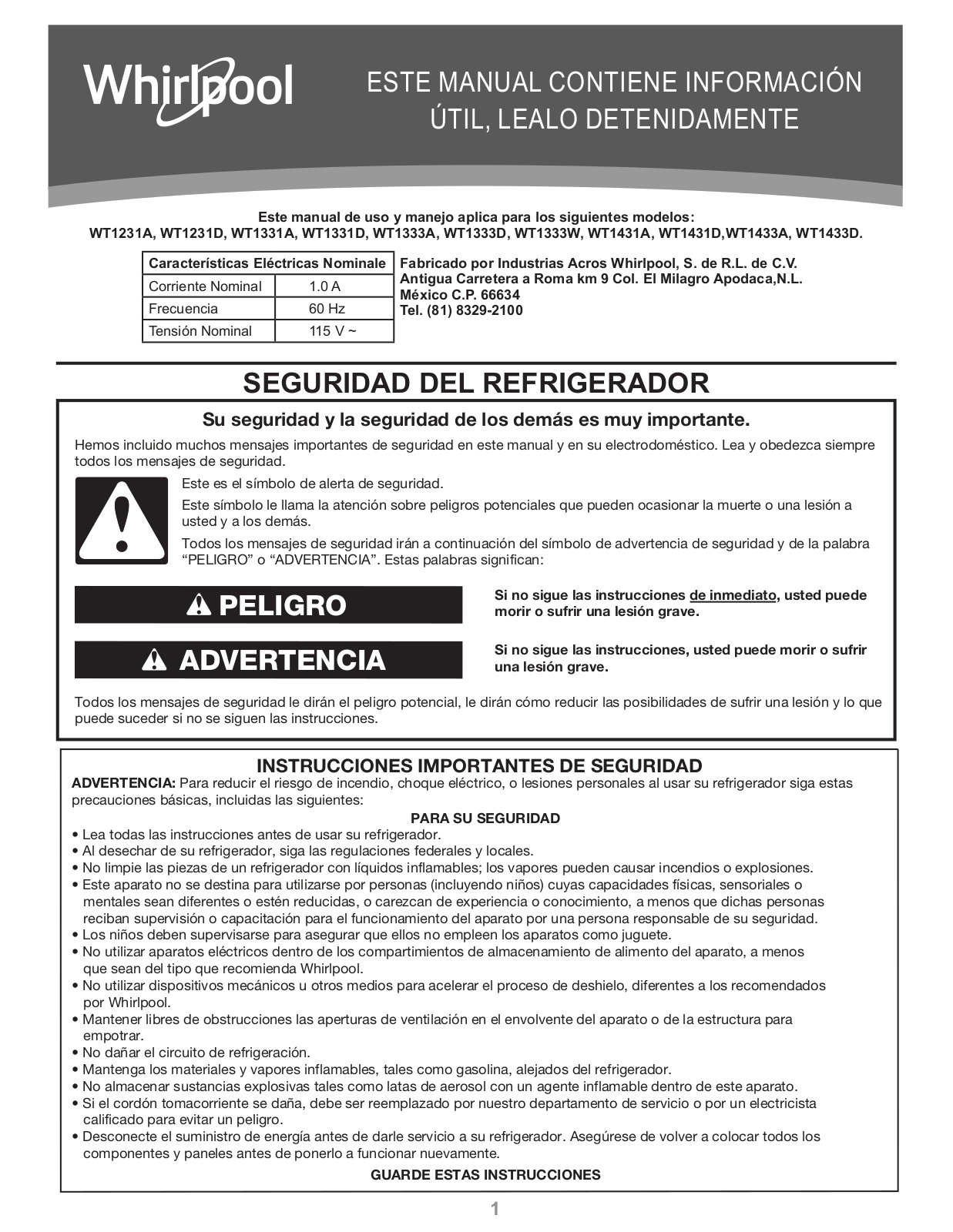 Whirlpool WT1231A, WT1231D, WT1333D Owner's Manual