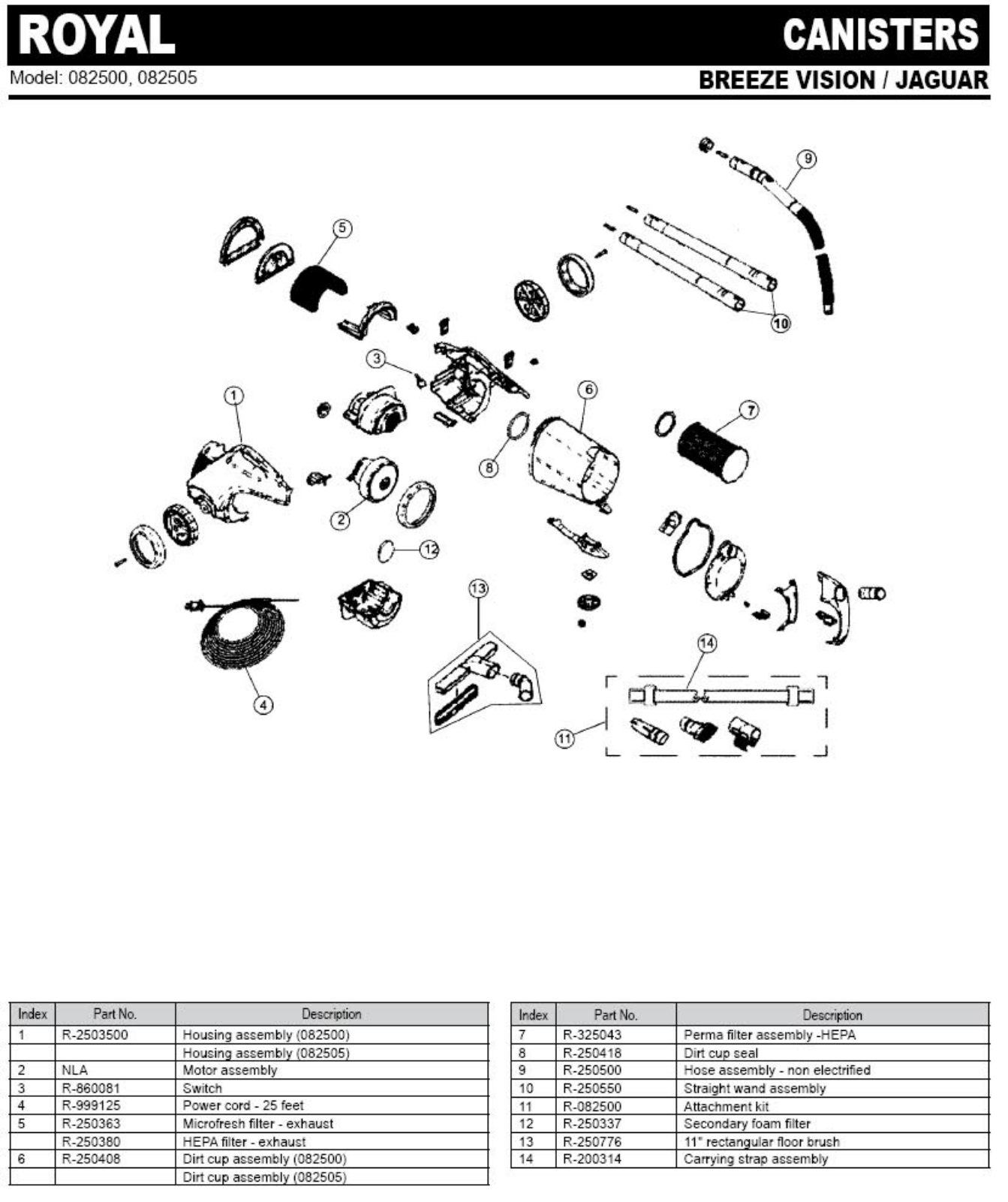 Royal 082500 Parts List