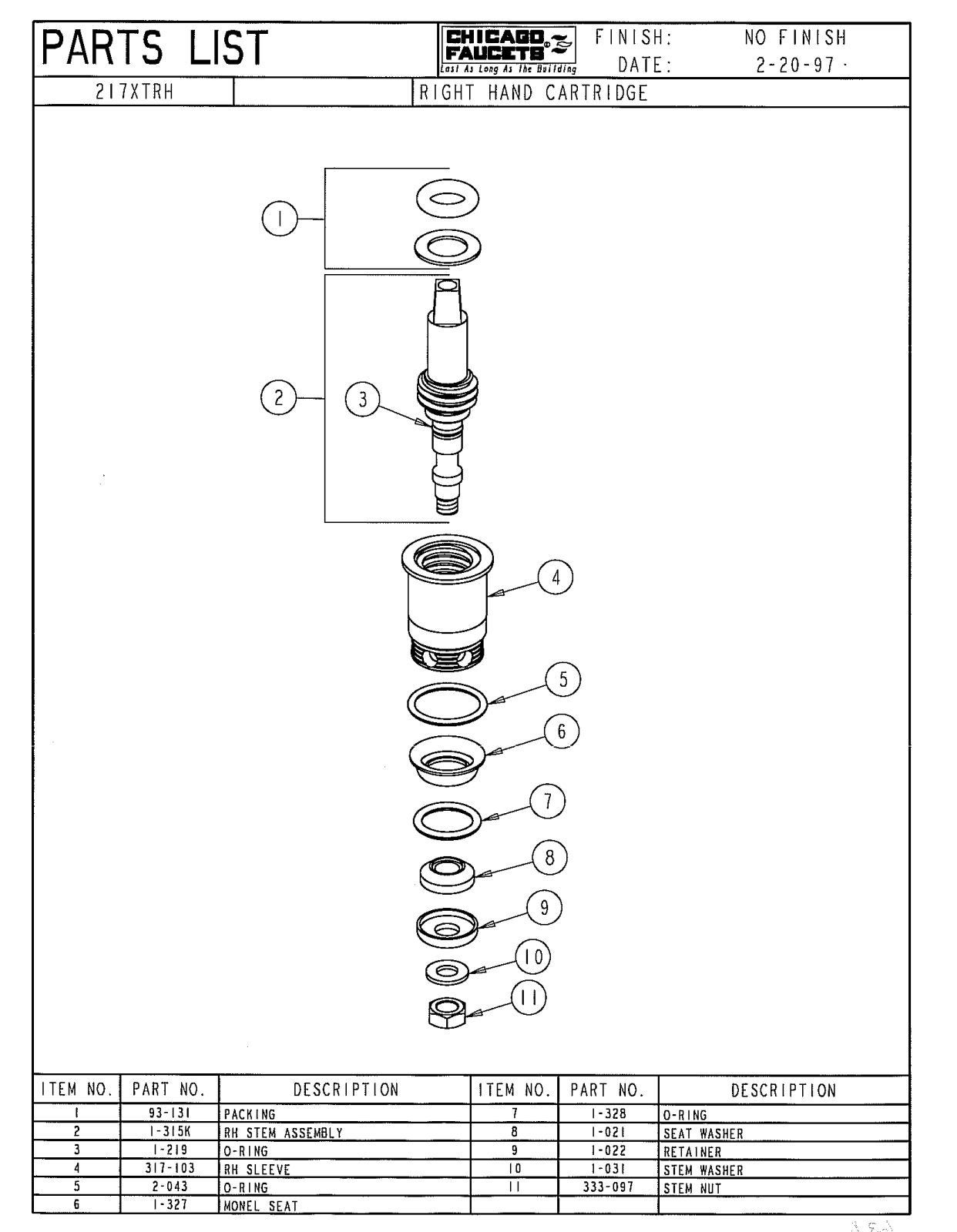 Chicago Faucet 217-XTRHJKSPF, 217-XTRHJKTPF, 217-XTRHJKNF, 217-XTRHJKABNF Parts List