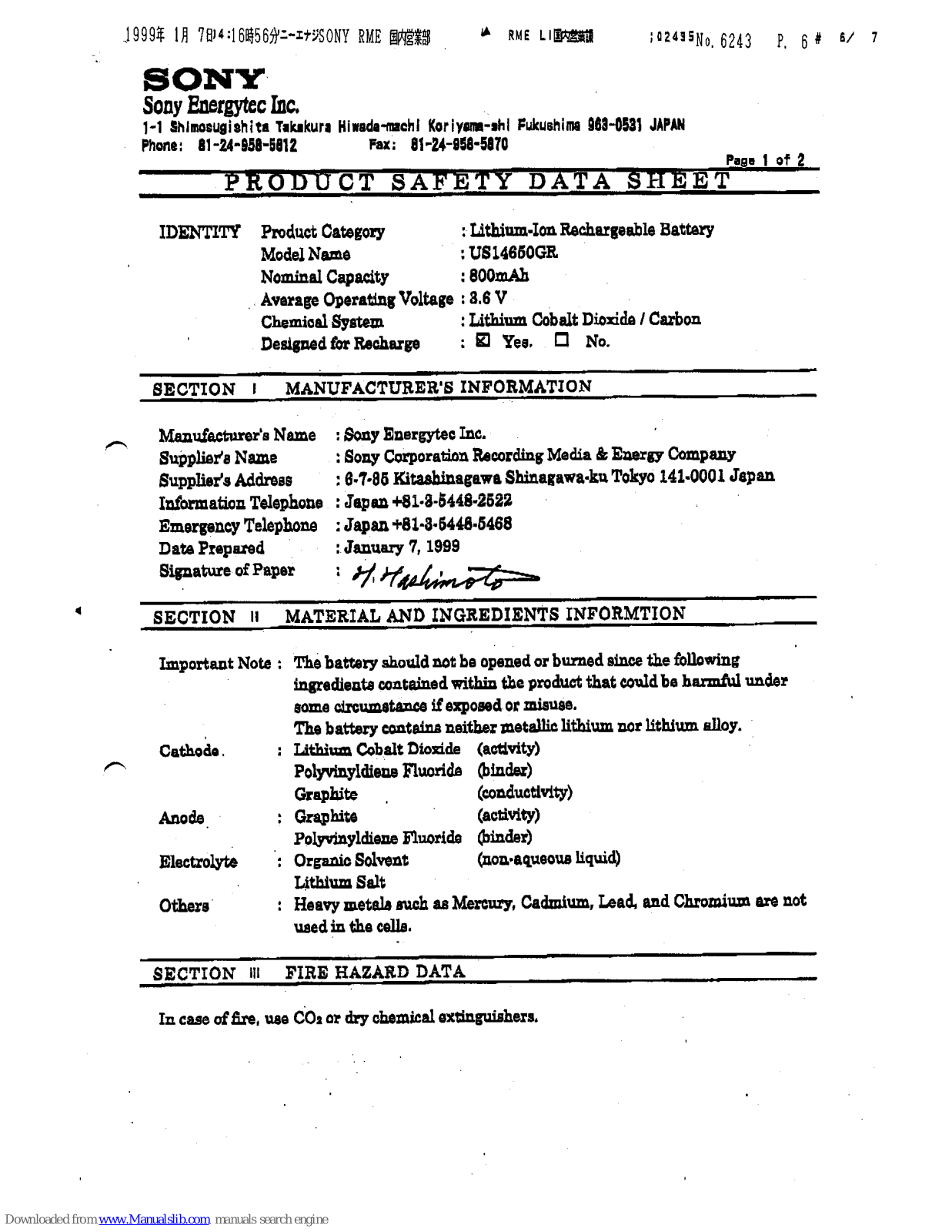 Sony NP-F330 Operating Instructions (primary manual), US14650GR Safety Datasheet