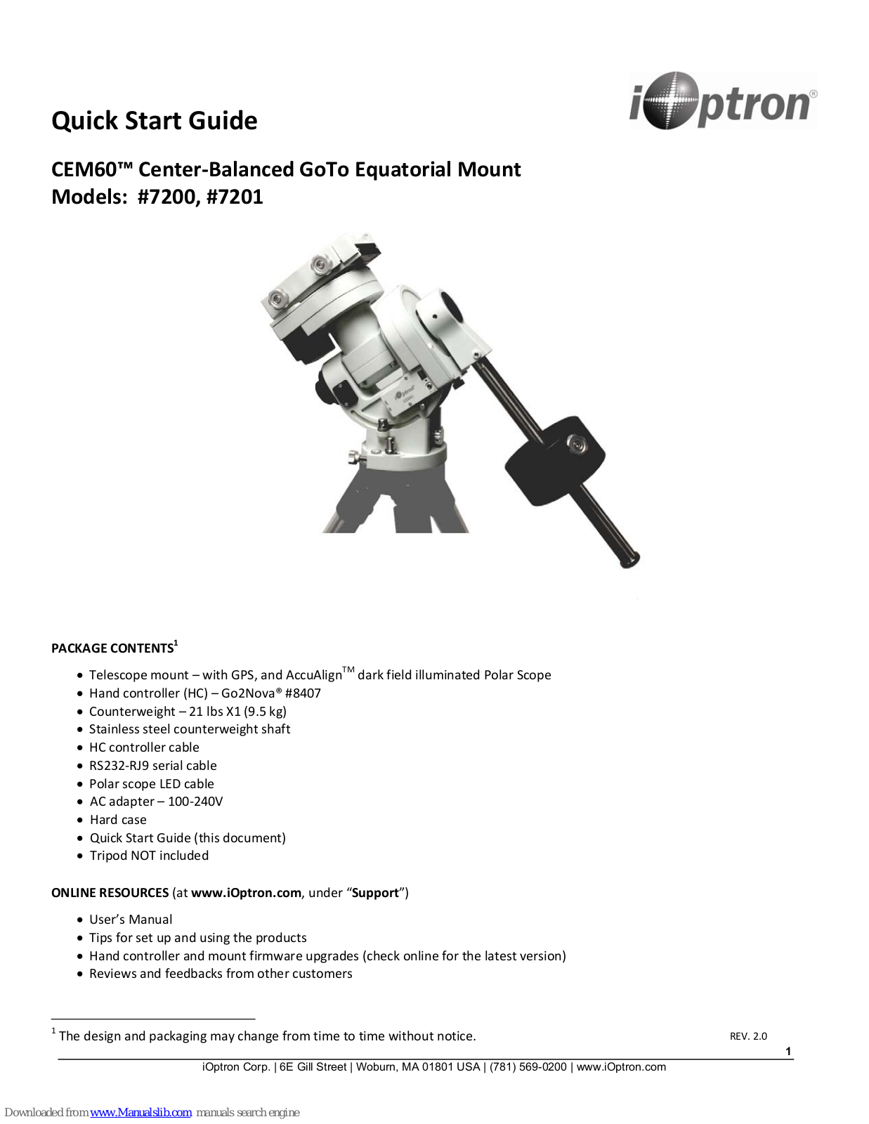 iOptron CEM60, 7200, 7201 Quick Start Manual - ManualMachine.com