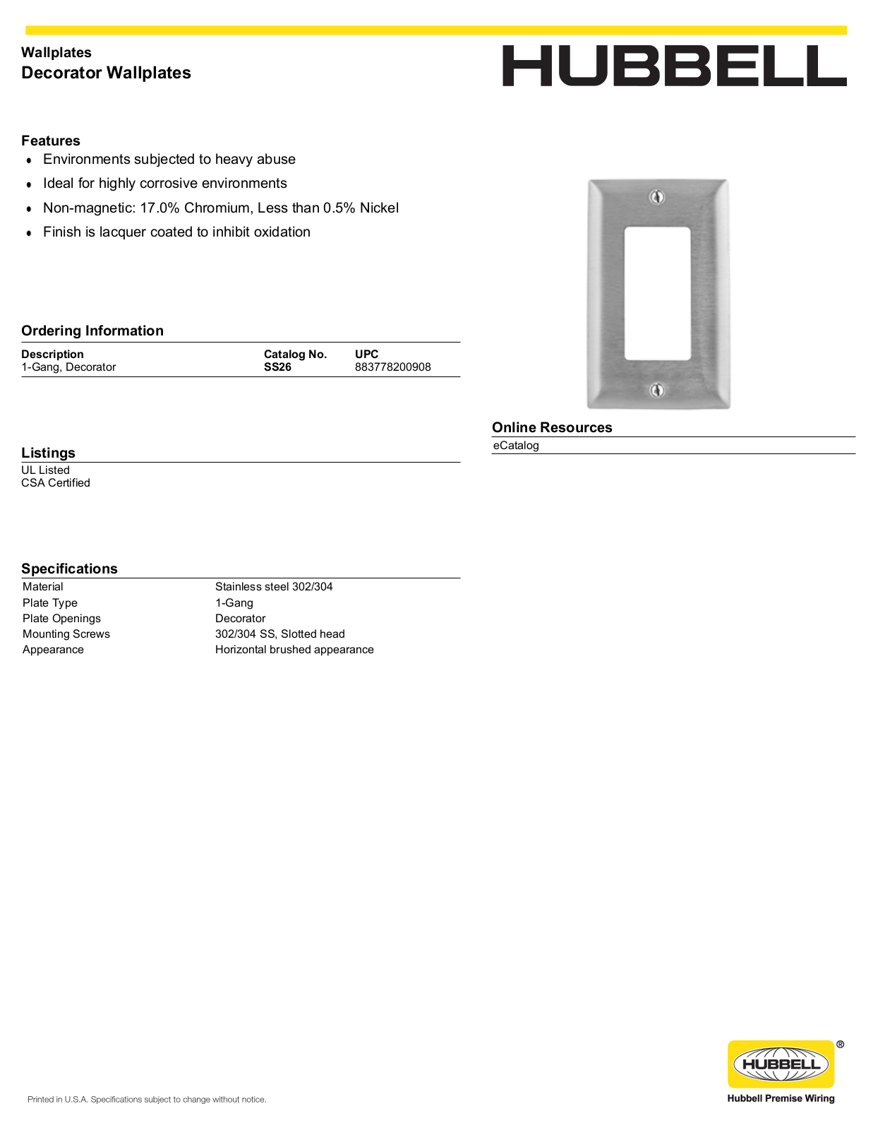 Hubbell SS26 Specifications