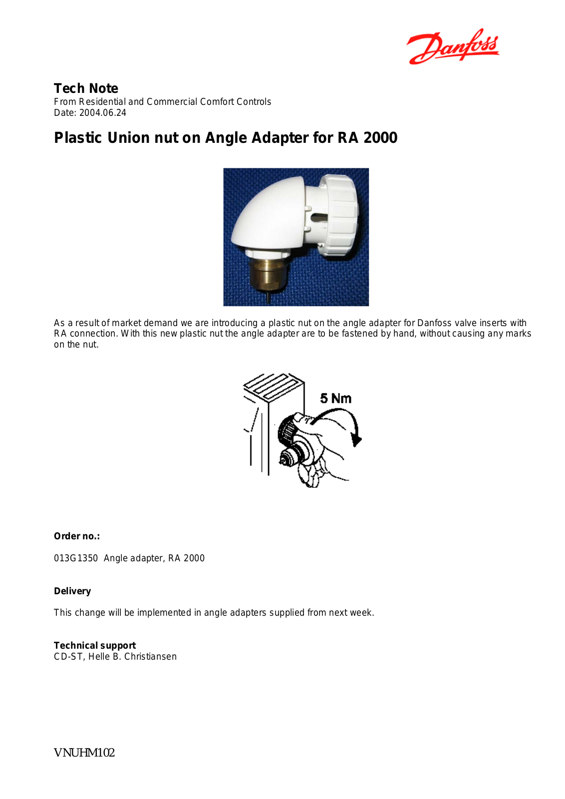 Danfoss Plastic Union nut on Angle Adapter for RA 2000 Fact sheet