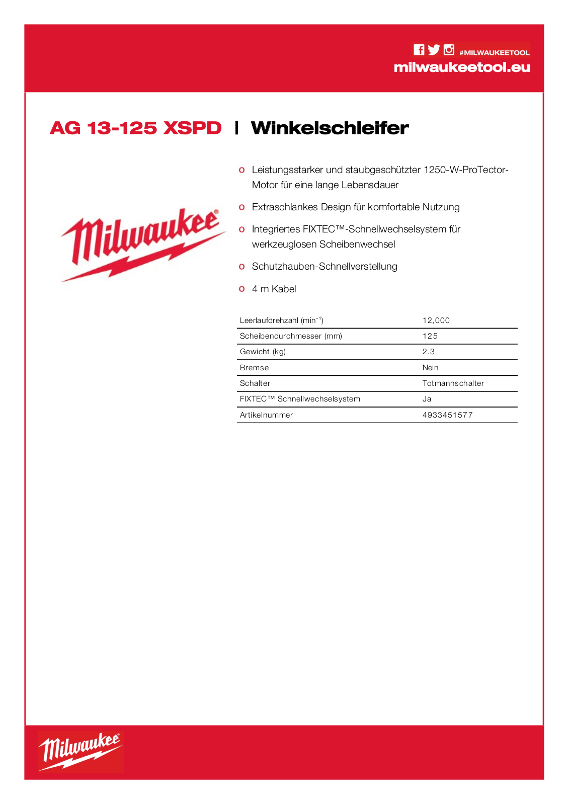 Milwaukee AG 13-125 XSPD User Manual