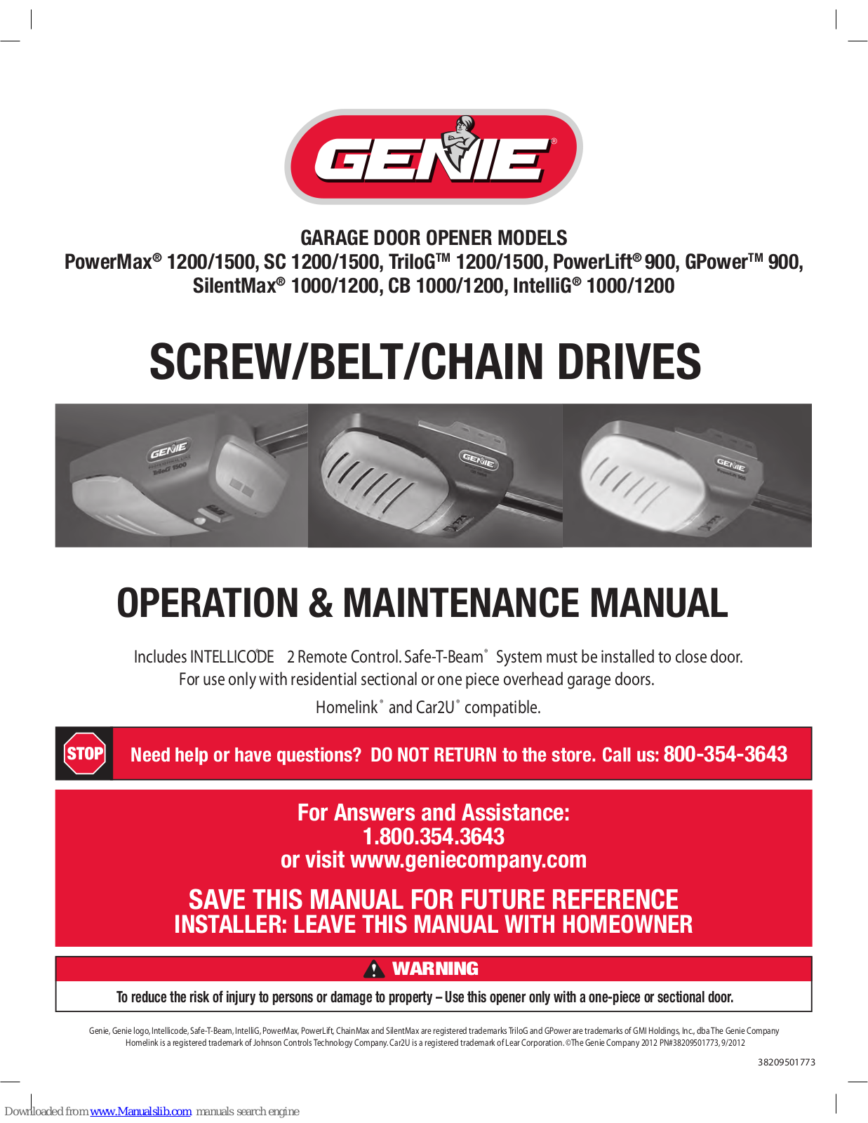 Genie ChainMax 1200, PowerMax SC 1200, PowerMax SC 1500, SilentMax CB 1000, SilentMax CB 1200 Operation & Maintenance Manual