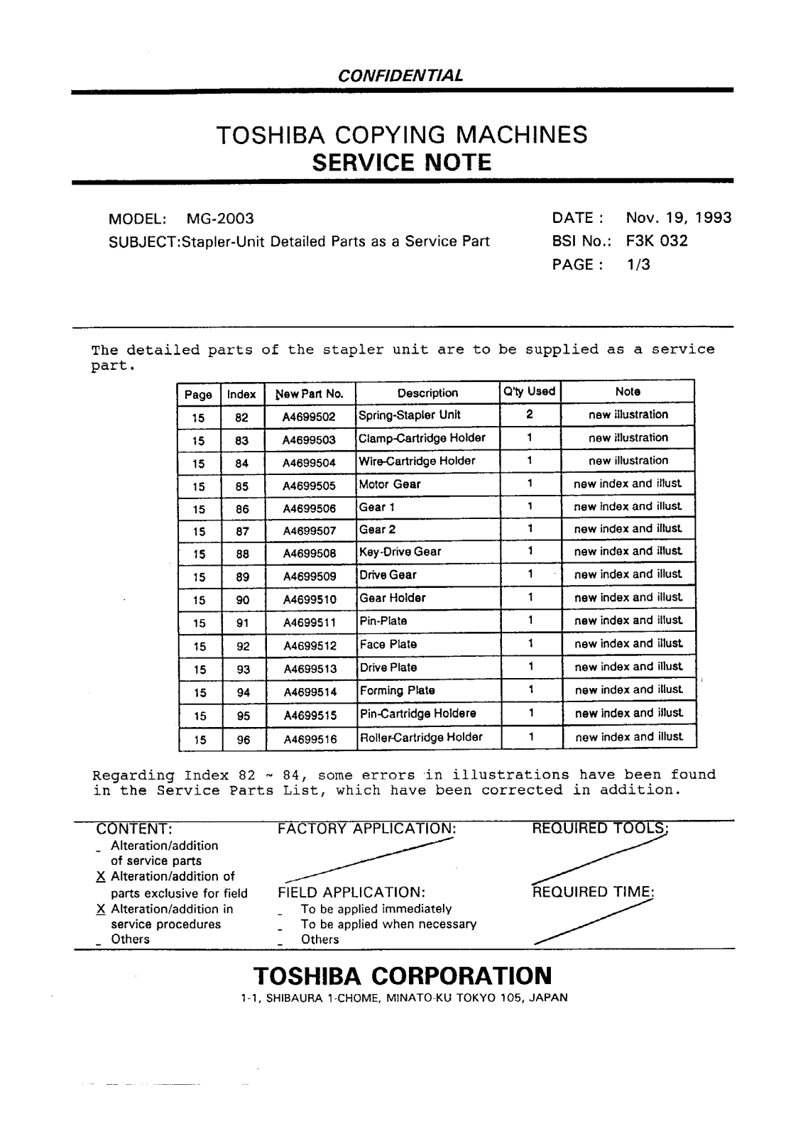 Toshiba f3k032 Service Note