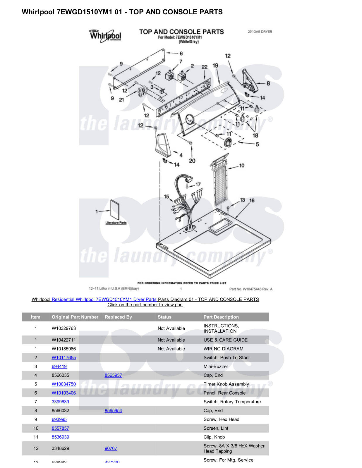 Whirlpool 7EWGD1510YM1 Parts Diagram