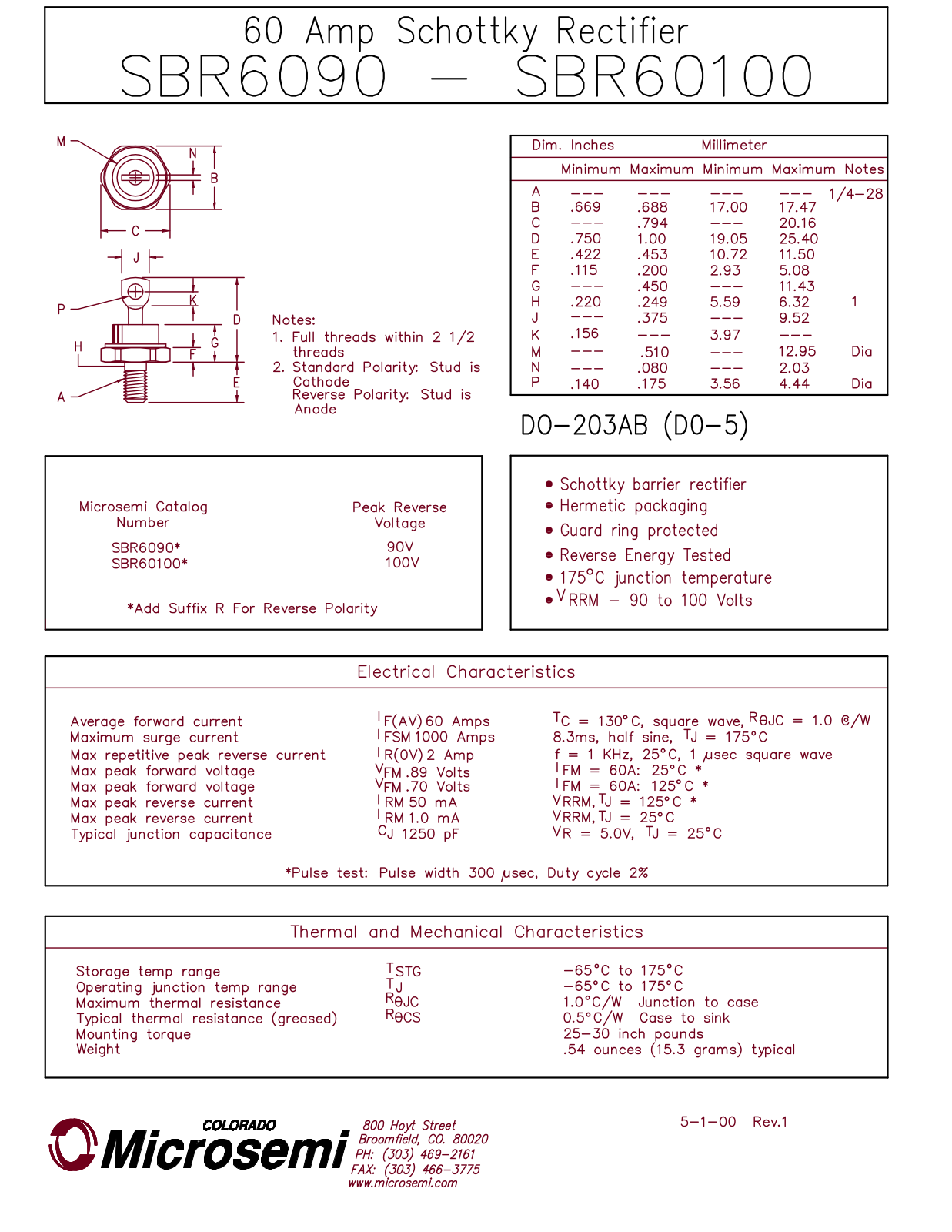 Microsemi Corporation SBR6090, SBR60100 Datasheet