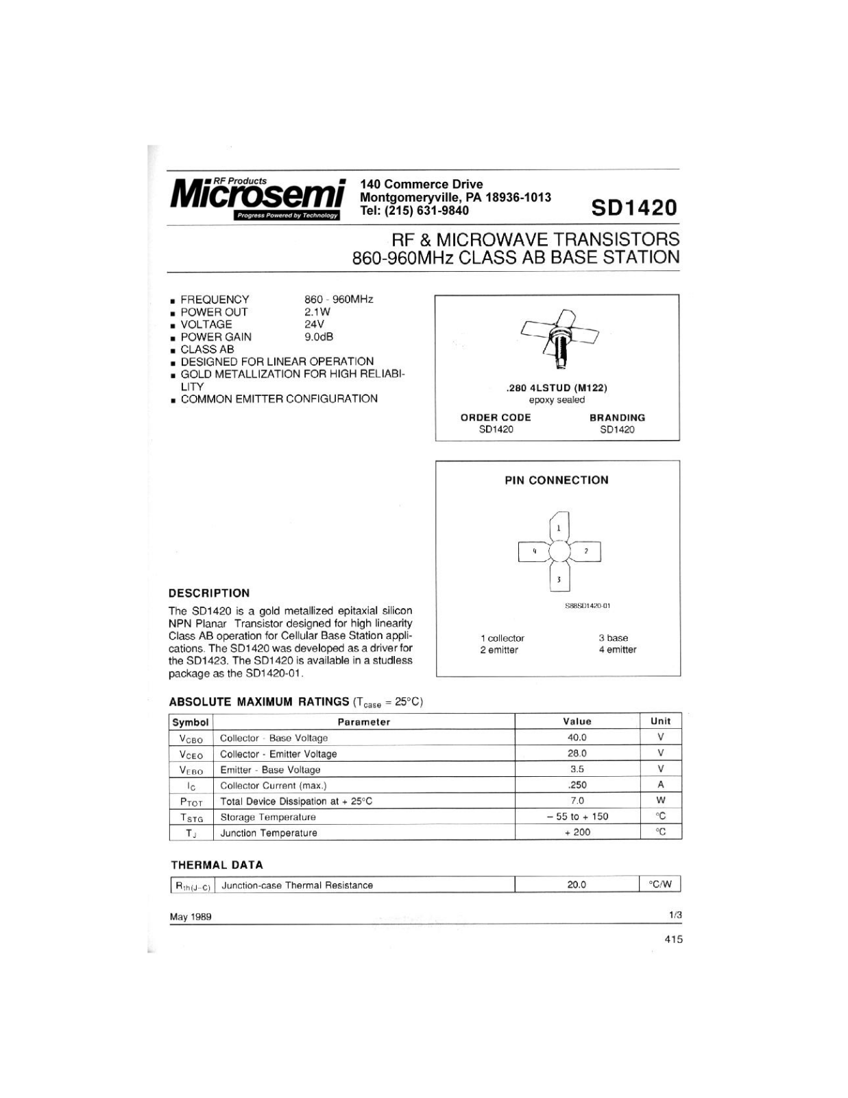 Microsemi Corporation SD1420-01 Datasheet