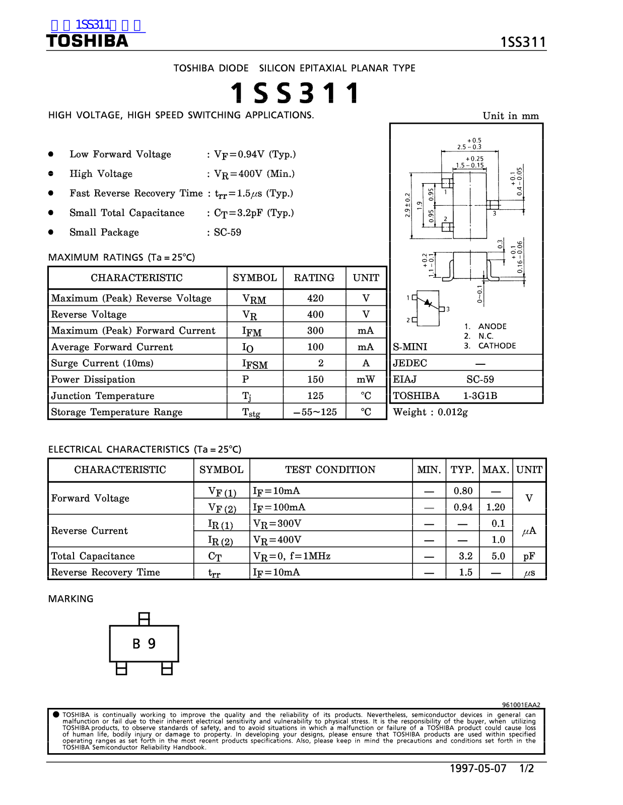 TOSHIBA 1SS311 Technical data