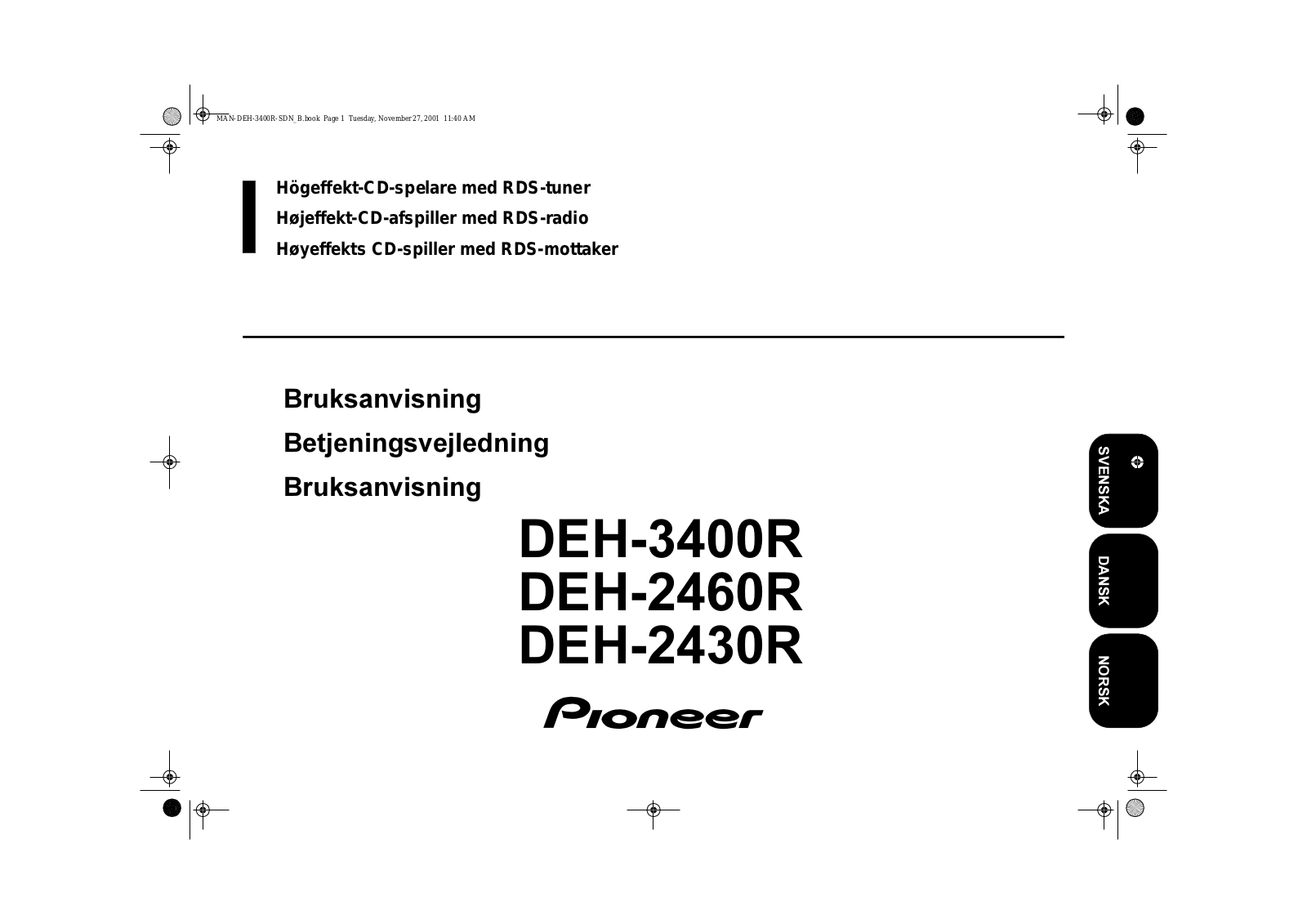 Pioneer DEH-2460R, DEH-2430R, DEH-3400R User manual