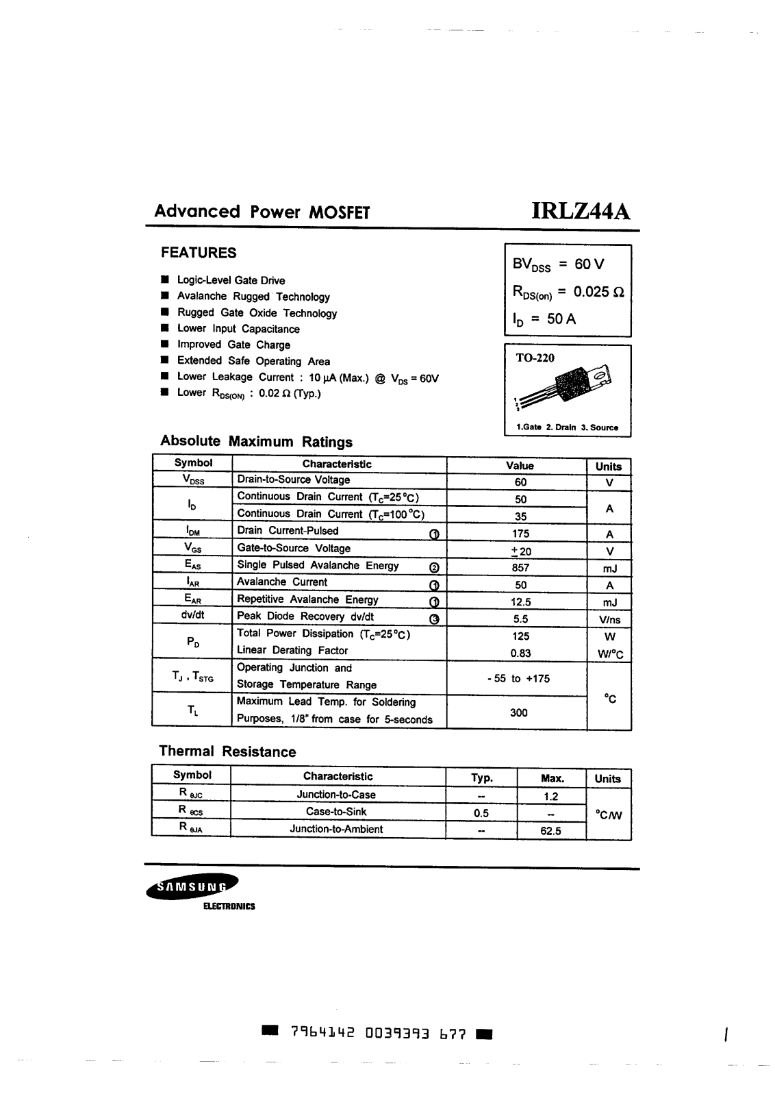 Samsung IRLZ40A Datasheet