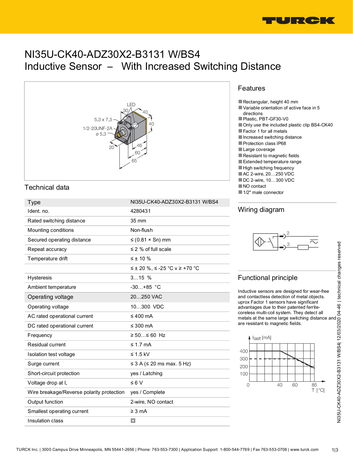 TURCK NI35U-CK40-ADZ30X2-B3131 Technical data