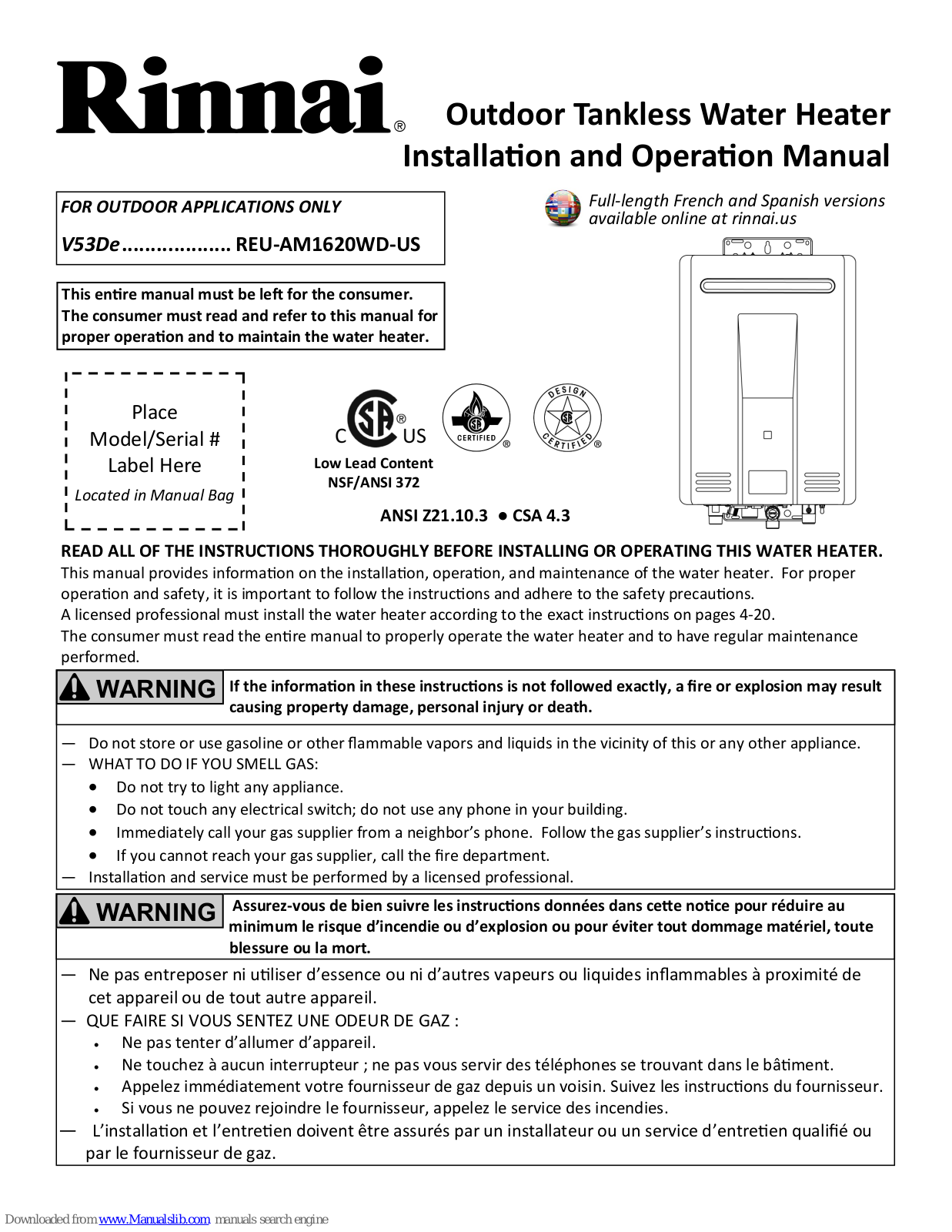 Rinnai V53De Installation And Operation Manual