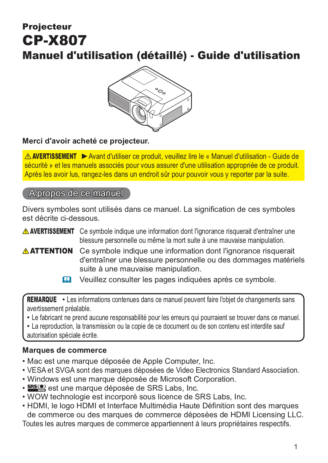 HITACHI CP-X807W User Manual