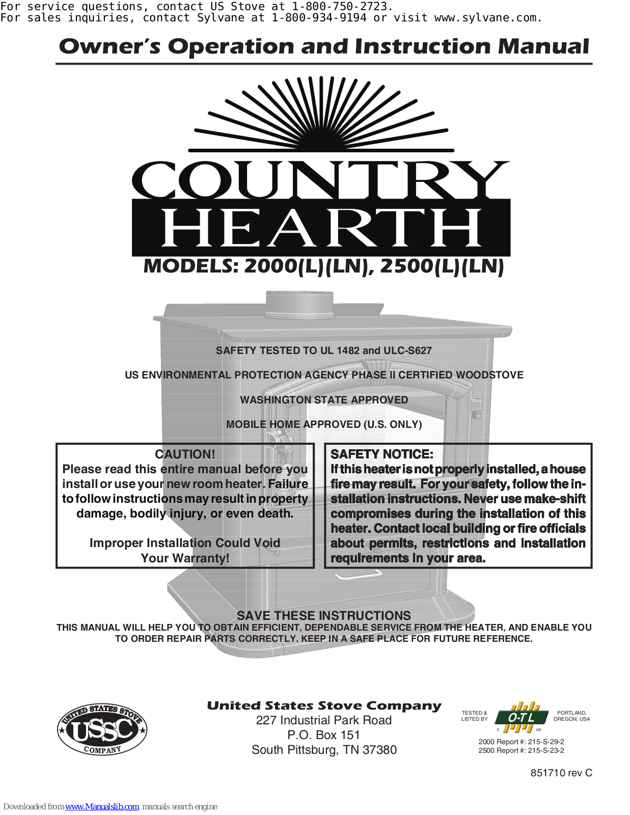 Country Hearth 2000, 2000L, 2000LN, 2500LN, 2500 Owner's Operation And Instruction Manual