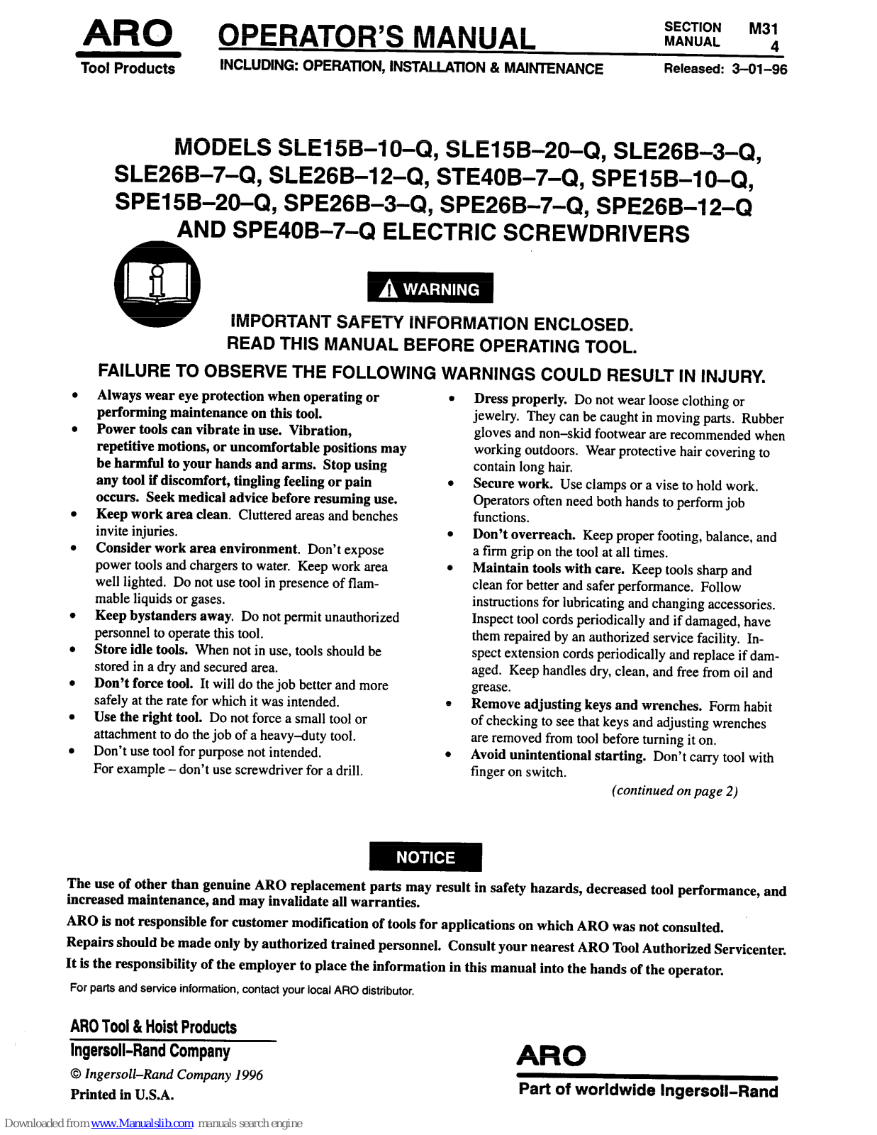 ARO SLE15B-20-Q, SLE26B-12-Q, SLE26B-3-Q, SLE26B-7-Q, STE40B-7-Q Operator's Manual - ManualMachine.com