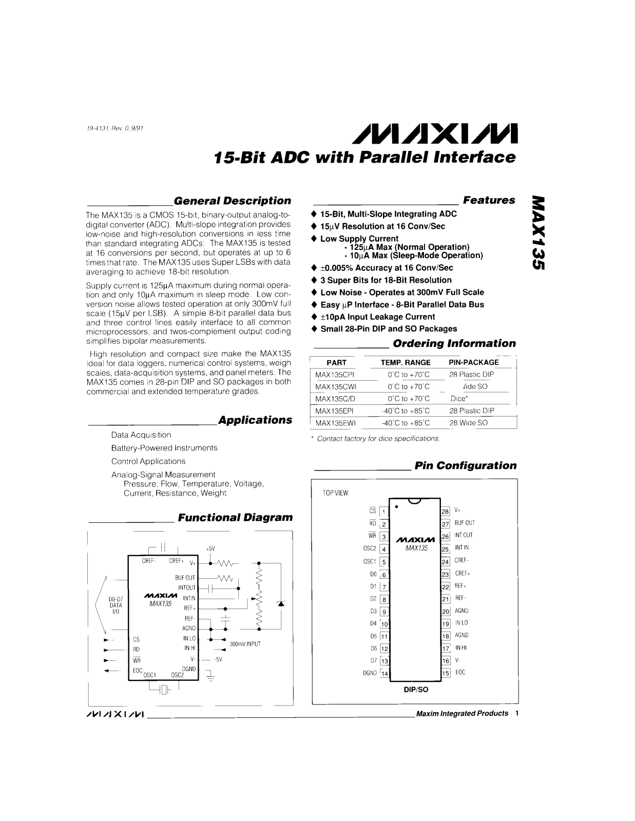 Maxim MAX135EWI, MAX135EPI, MAX135CWI, MAX135CPI, MAX135C-D Datasheet