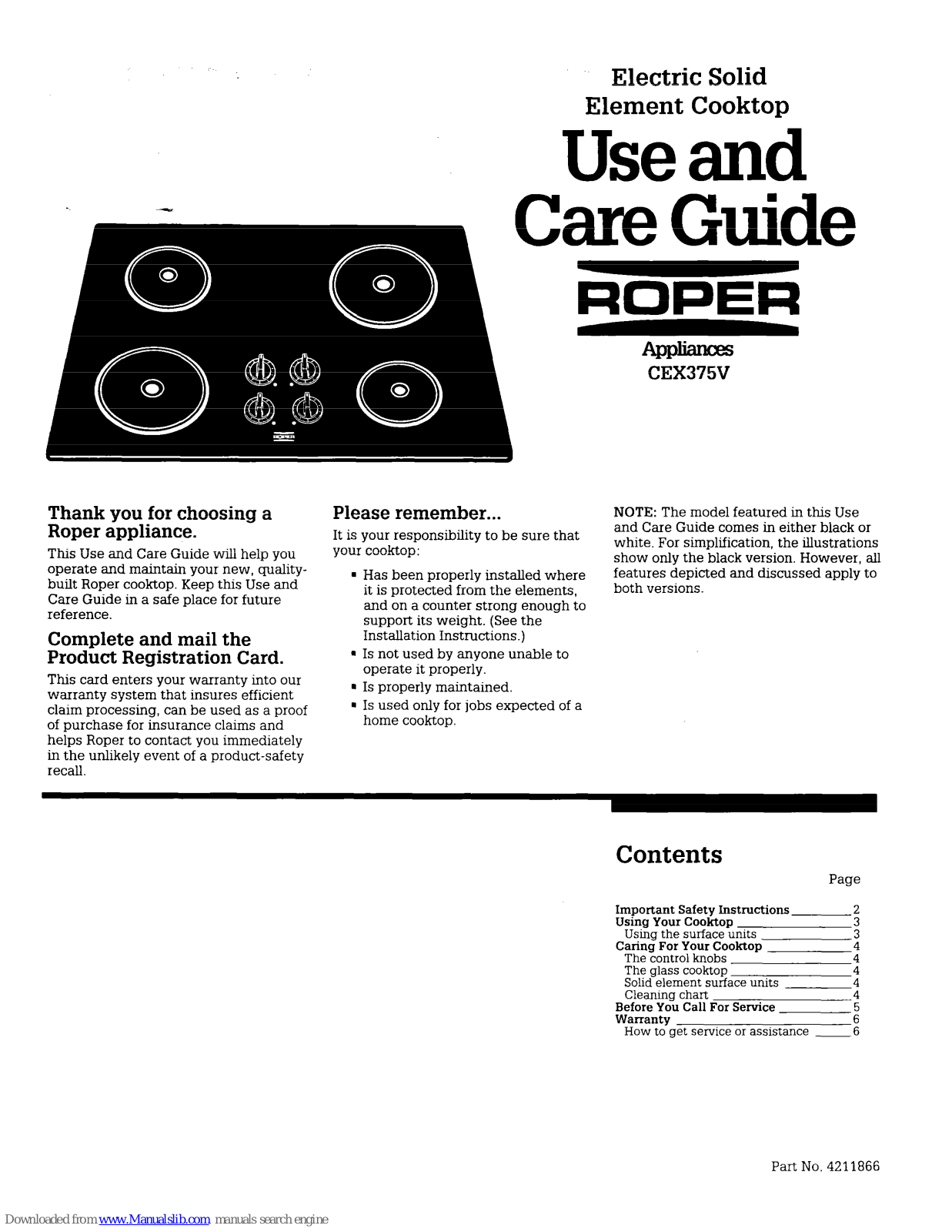 Roper 4211866, CEX375V Use And Care Manual - ManualMachine.com