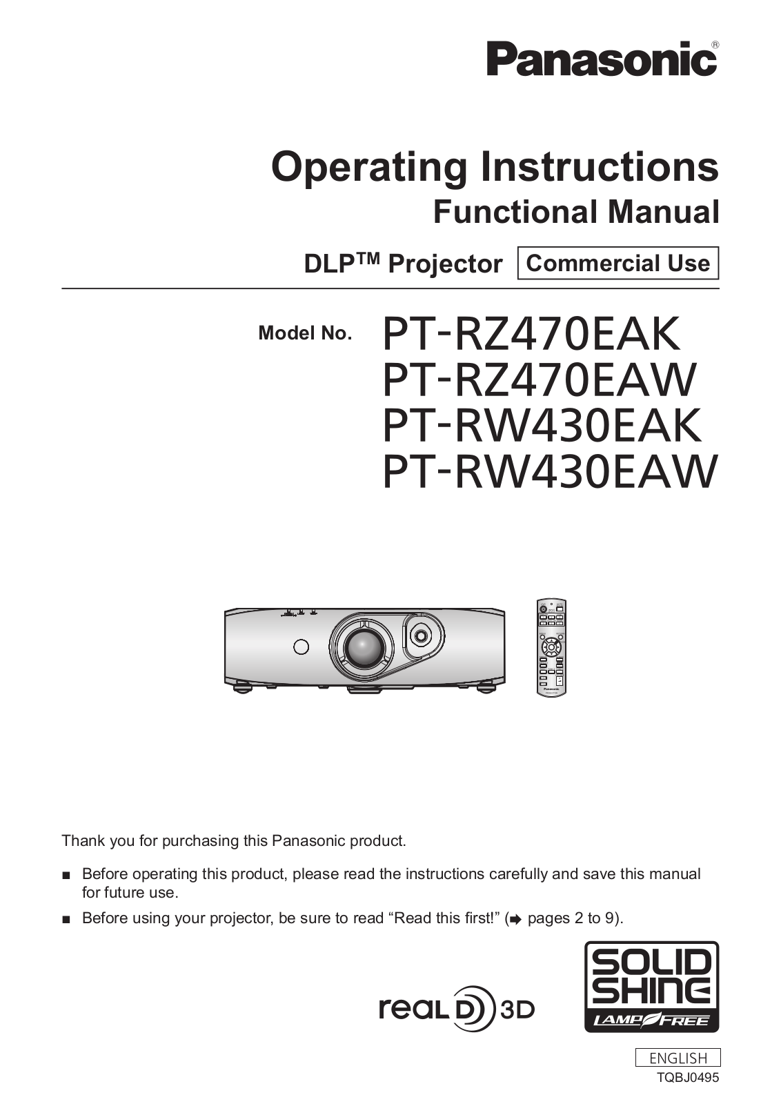 Panasonic PT-RW430EAK, PT-RW430EAW, PT-RZ470EAK, PT-RZ470EAW Operating Instruction