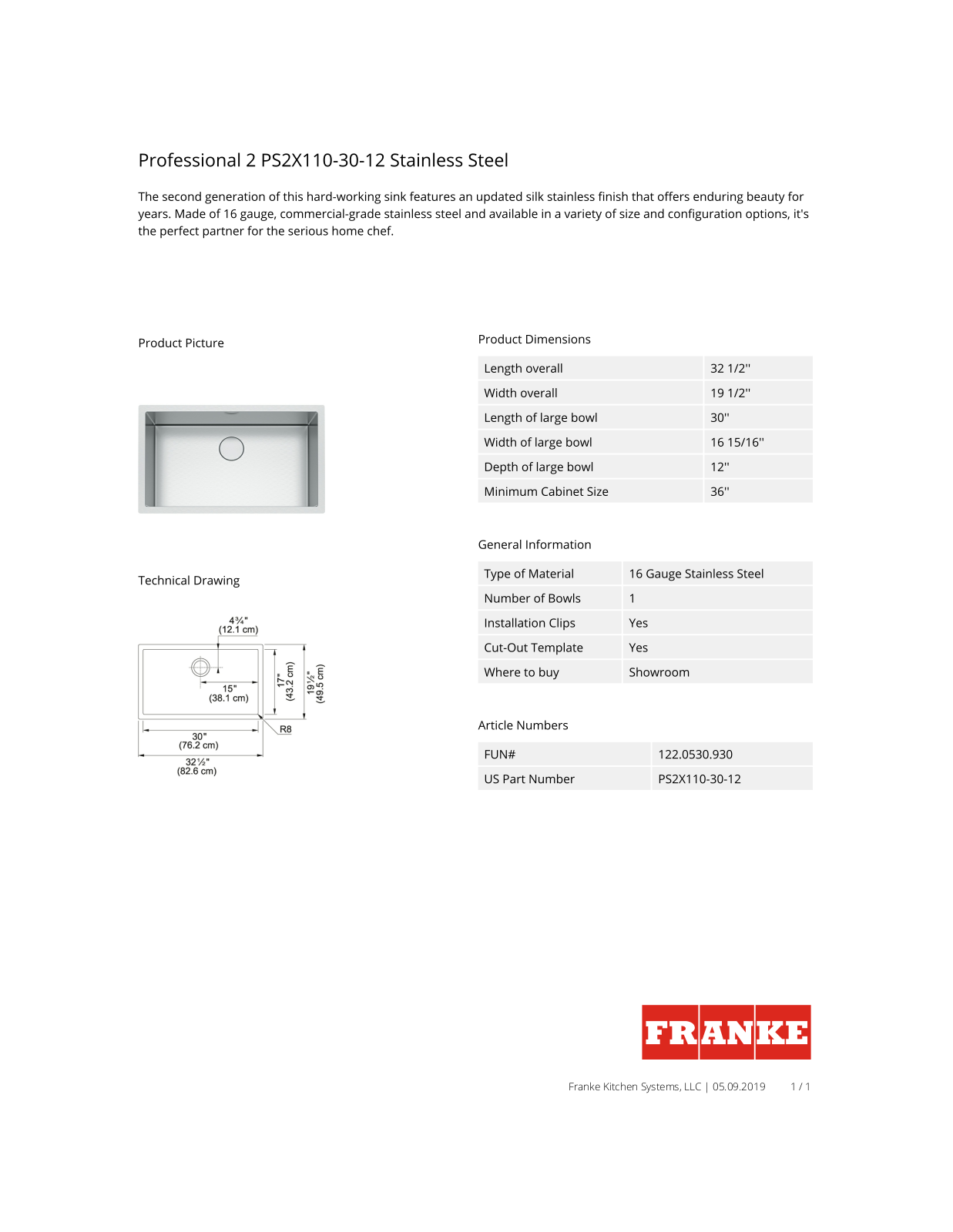 Franke PS2X1103012 Specs