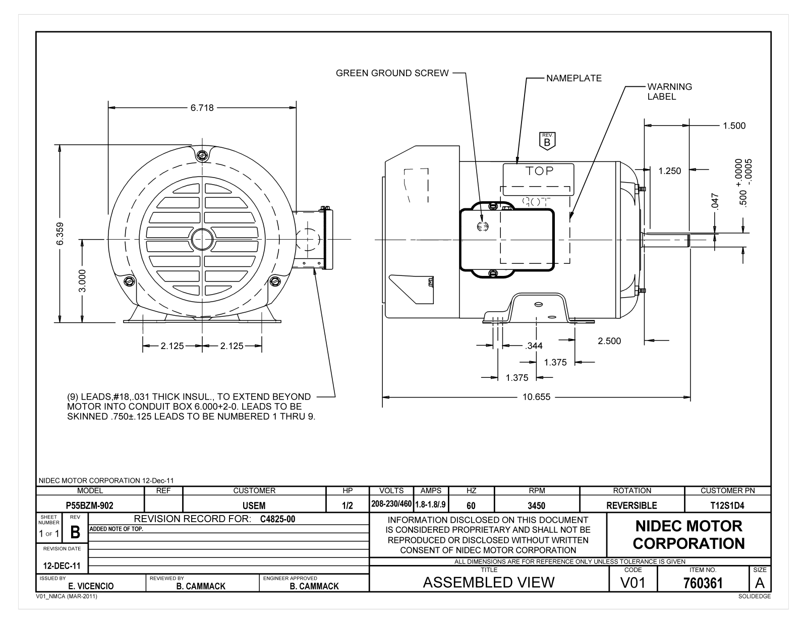 US Motors T12S1D4 Dimensional Sheet