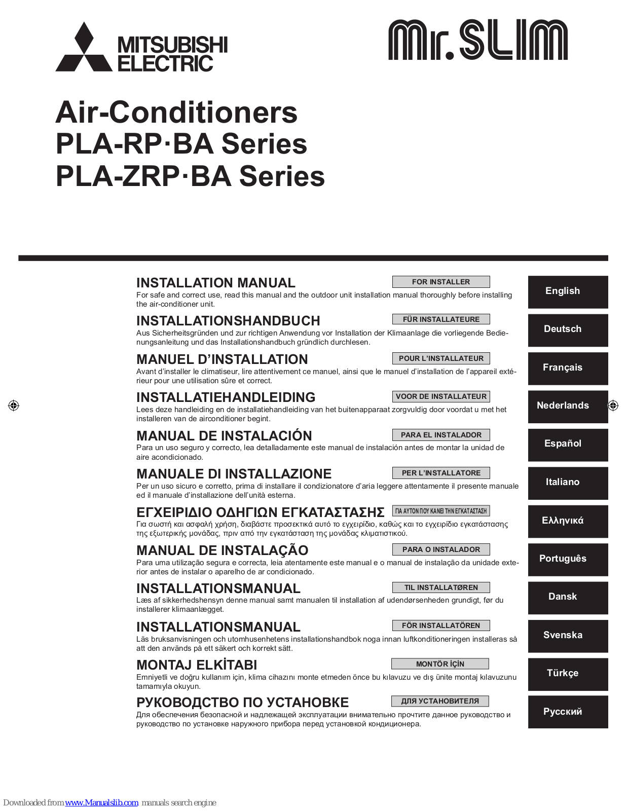 Mitsubishi Electric PLA-RP BA, PLA-ZRP BA Installation Manual