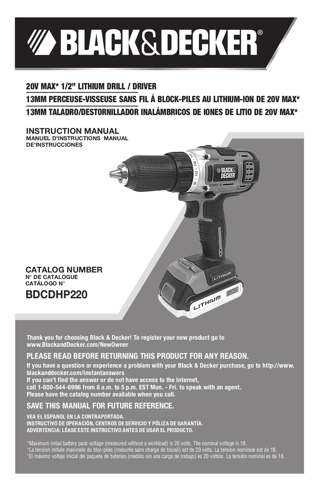 Black & Decker BDCDHP220 User Manual