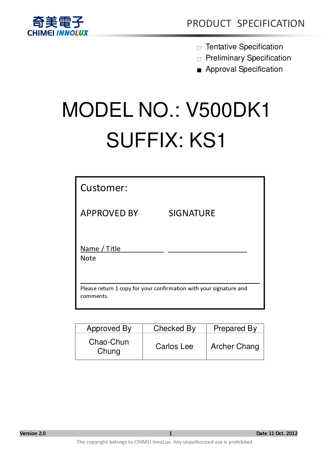 CHIMEI INNOLUX V500DK1-KS1 Specification