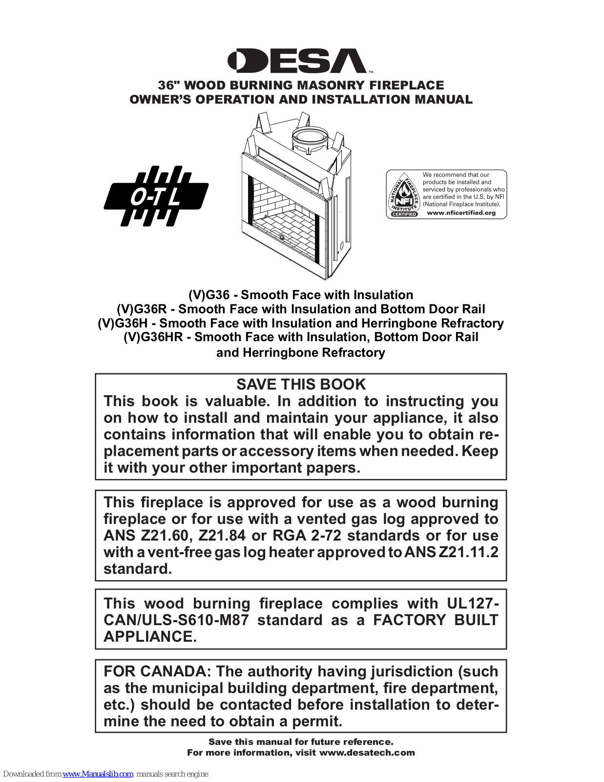 Desa VG36H, VG36R, G36, G36H, G36HR Owner's Operation And Installation Manual