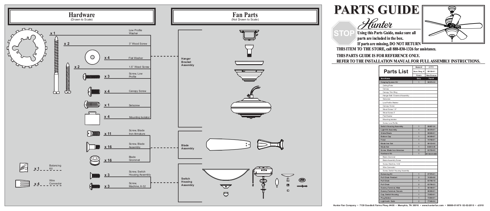 Hunter 21711 Parts Guide
