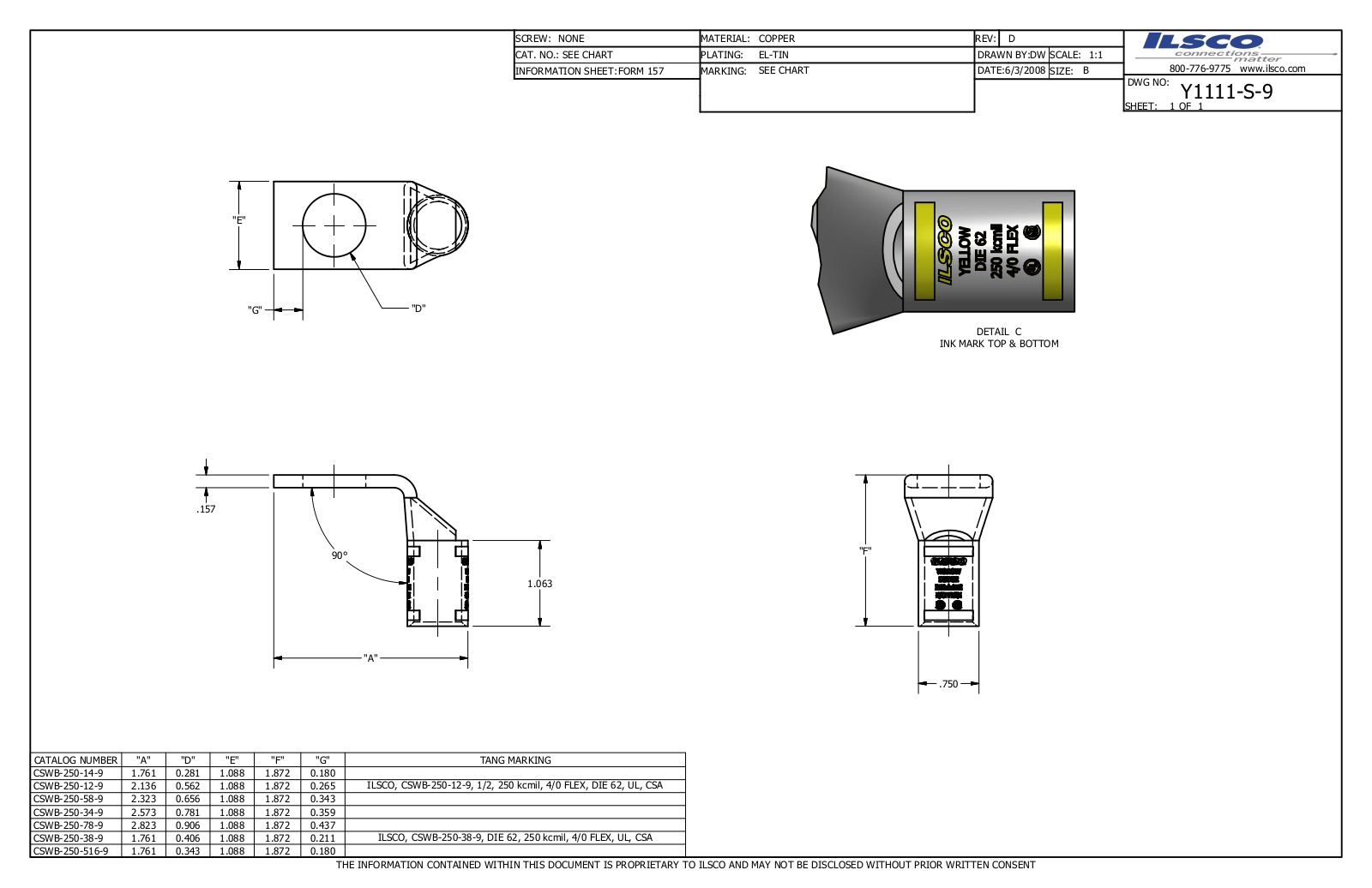 Ilsco CSWB-250-12-9 Data sheet