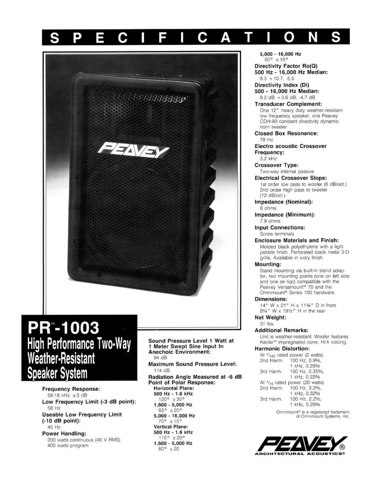 Peavey PR-1003 DATASHEET