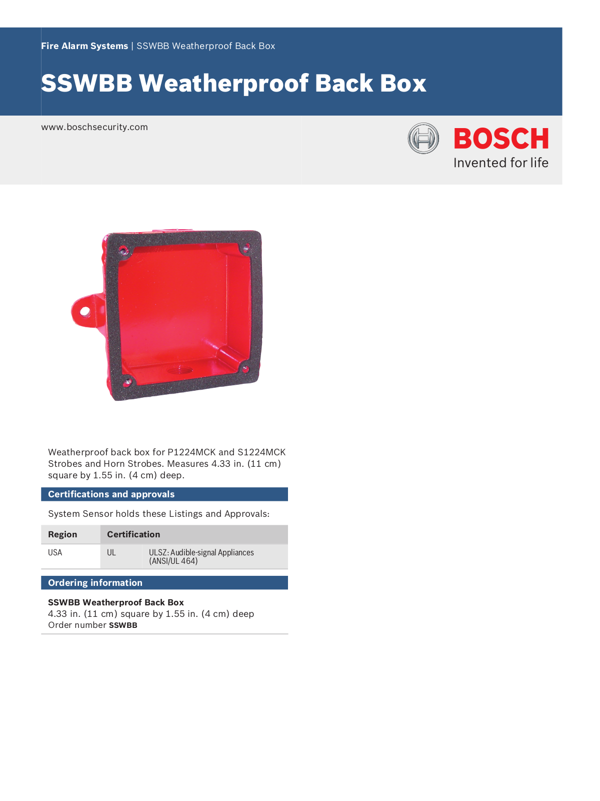 Bosch SSWBB Specsheet