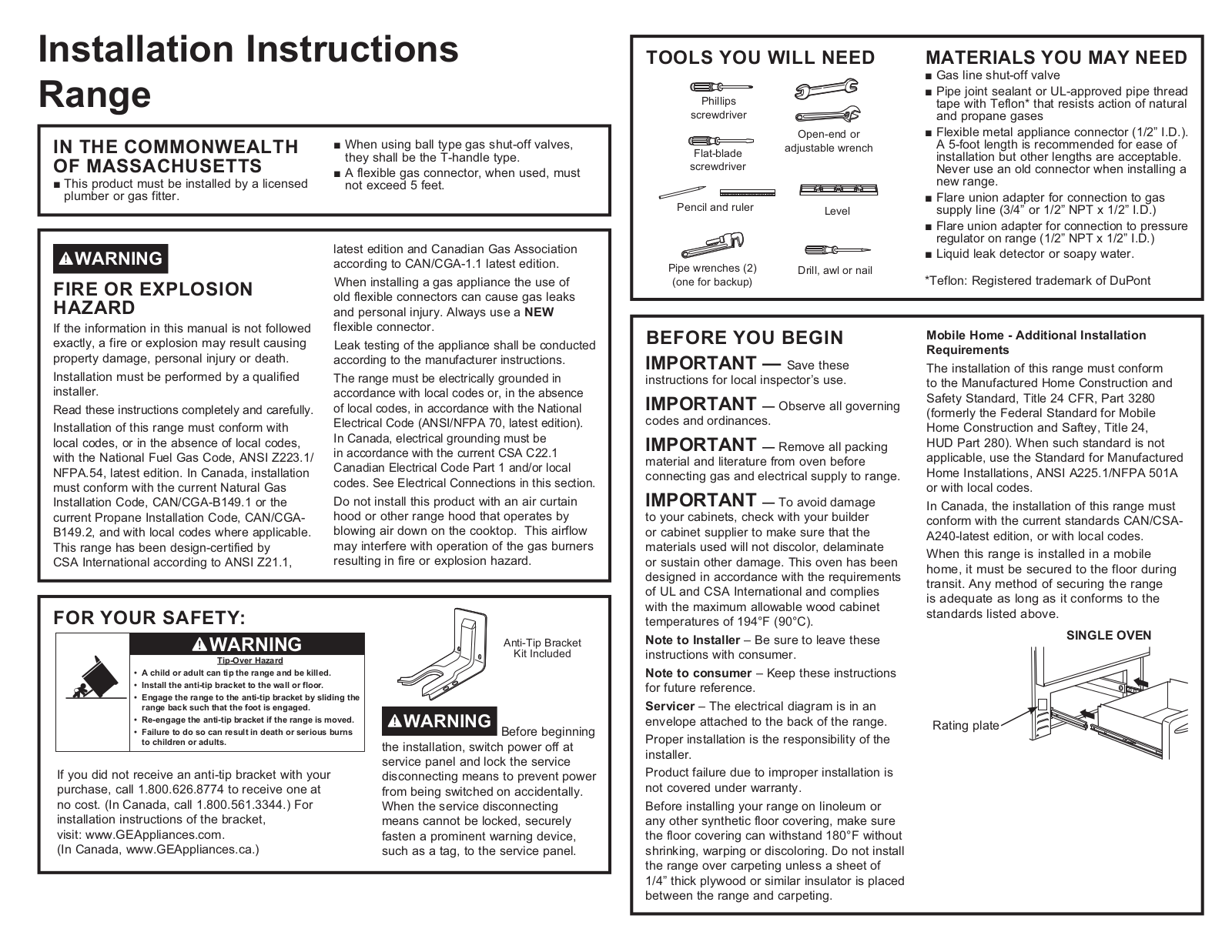 GE JGBS10DEM1BB, JGBS10DEM1WW, JGBS10DEM2BB, JGBS10DEM2WW, JGBS30DEK2WW Installation Guide