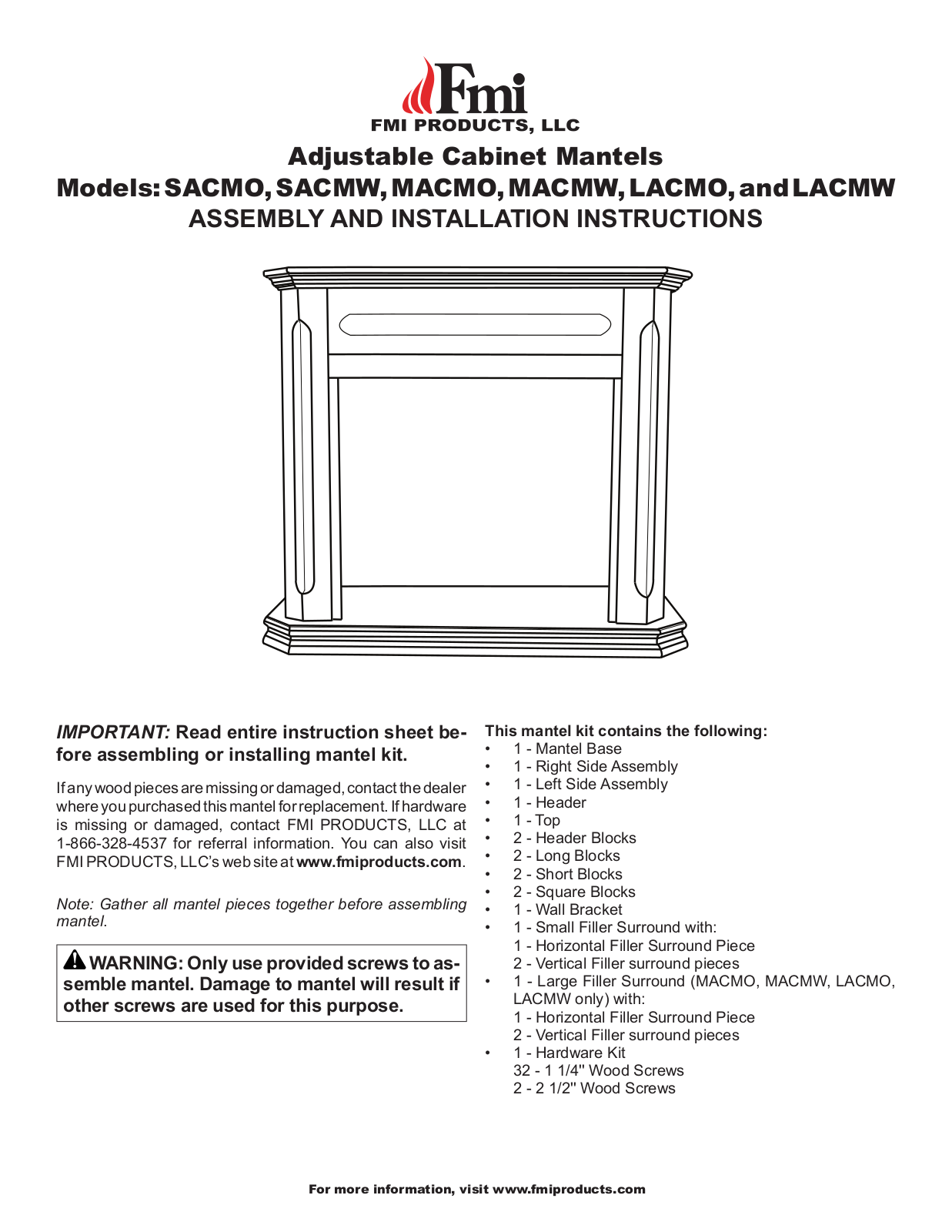 FMI SACMO, SACMW, MACMO, MACMW, LACMO Assembly And Installation Instructions Manual