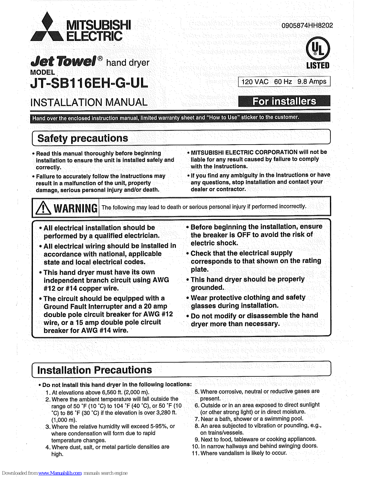 Mitsubishi JT-SB116EH-G-UL Installation Manual