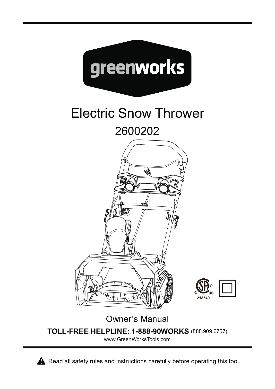 GreenWorks 2600202 Owner's Manual