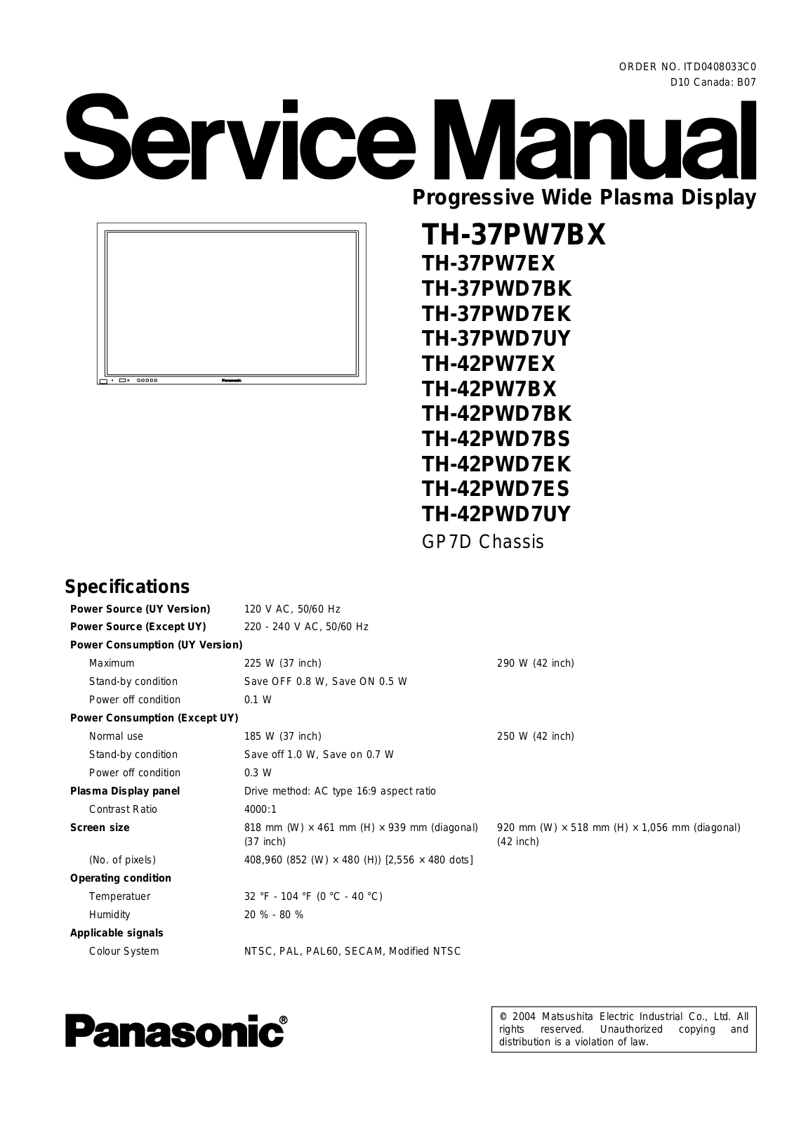 Panasonic th 37pw7bx, th 42pwd7uy, th 42pwd7bs, th 37pwd7ek, th 42pw7ex schematic