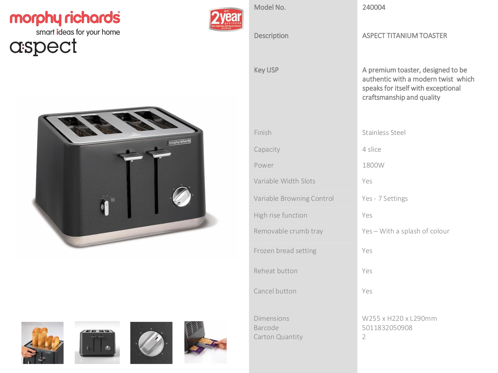 Morphy Richards 240023 Specifications Sheet