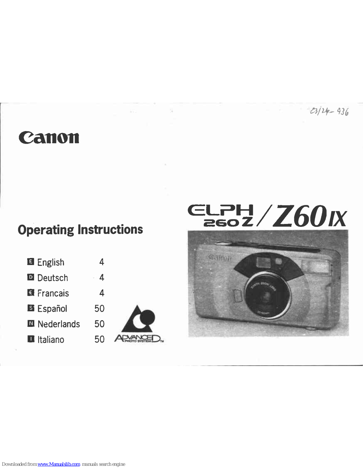 Canon Elph 260Z, Z60 IX Operating Instructions Manual