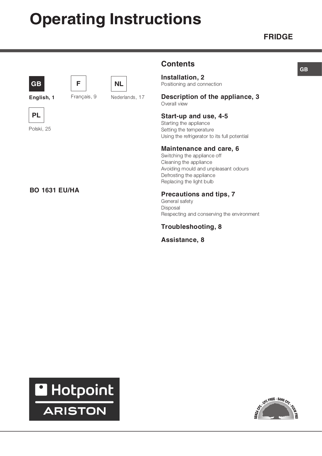 Hotpoint BO 1631 EU/HA User Manual