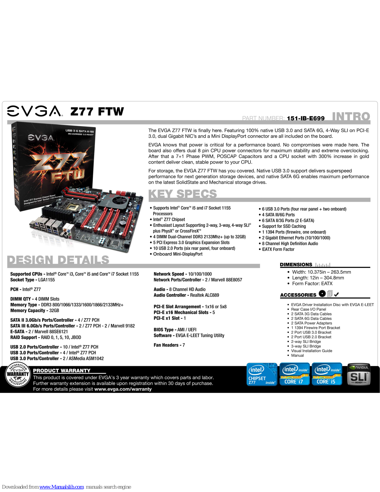 EVGA Z77 FTW, 151-IB-E699 Specifications - ManualMachine.com