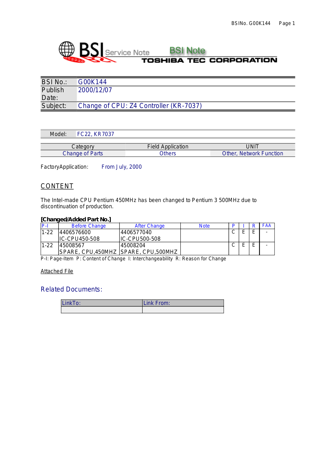 Toshiba G00K144 Service Note