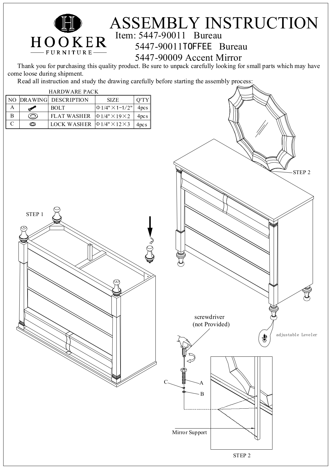 Hooker Furniture 544790009, 544790011 Assembly Guide