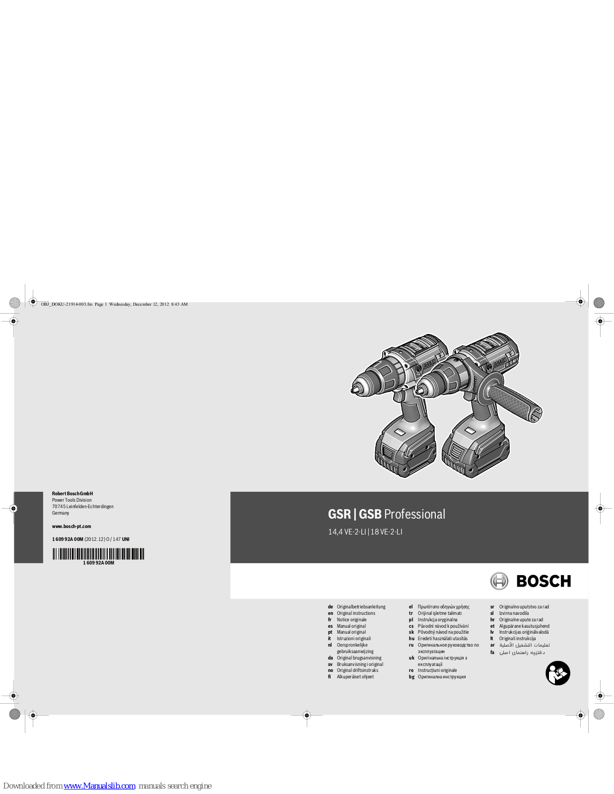 Bosch GSB Professional 14.4 VE-2-LI, GSB Professional 18 VE-2-LI Original Instructions Manual